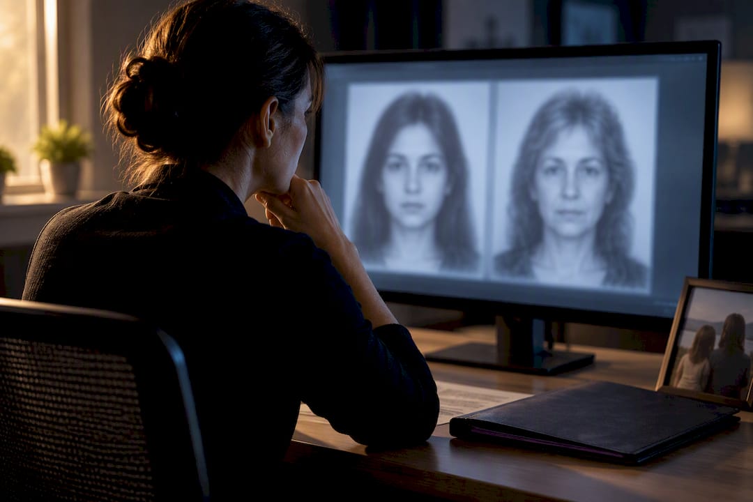 Specialist reviewing forensic age progression images