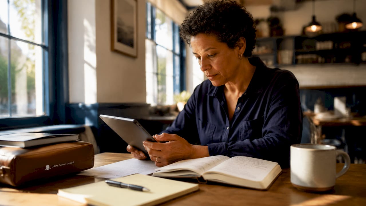 Woman amateur investigator reviewing case notes