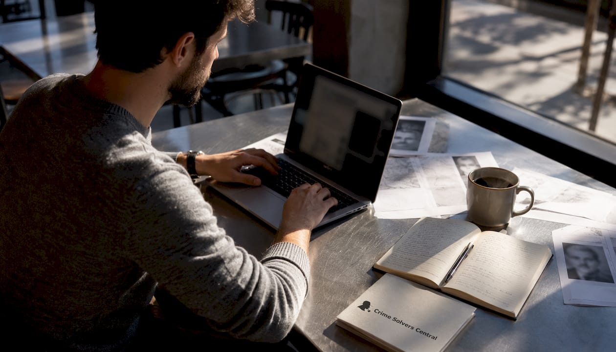 Person researching cold cases at laptop in home study
