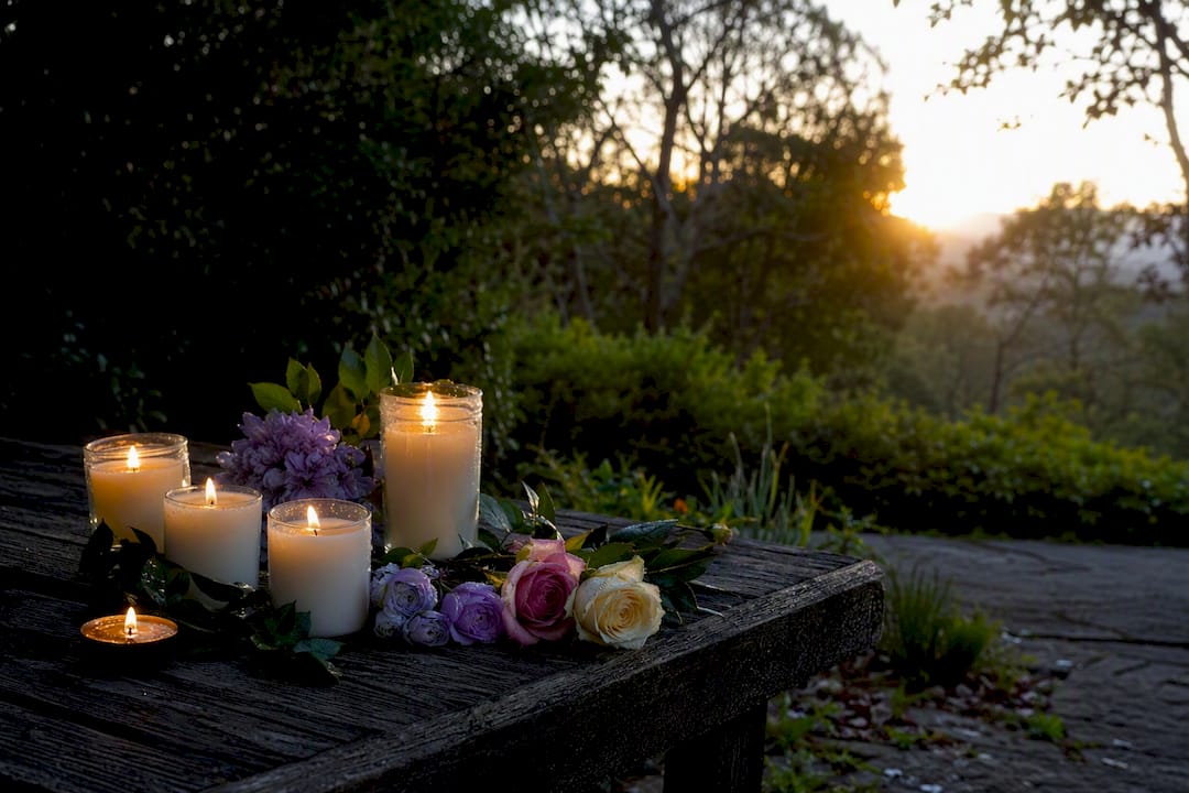 Candles and flowers at missing person vigil