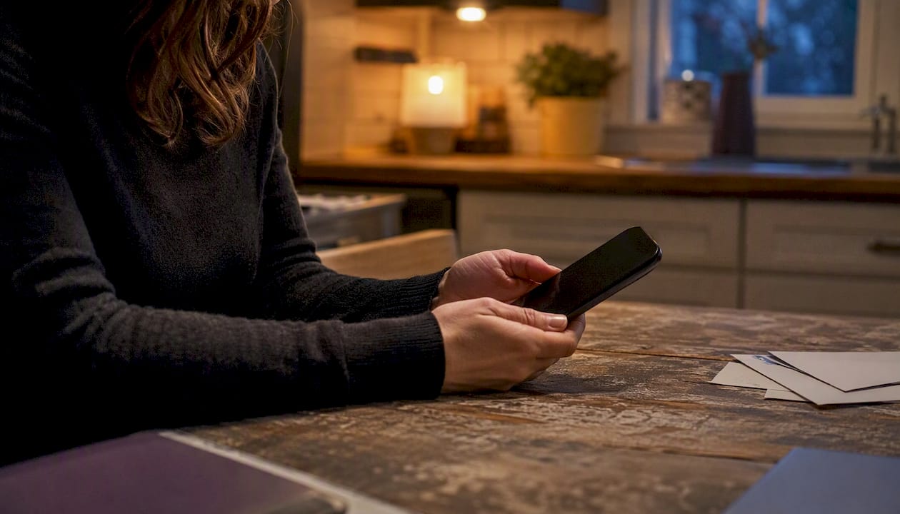 Close-up hands typing on smartphone with dark screen