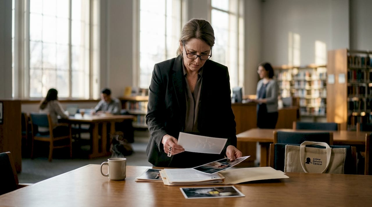 Detective reviewing cold case files at desk