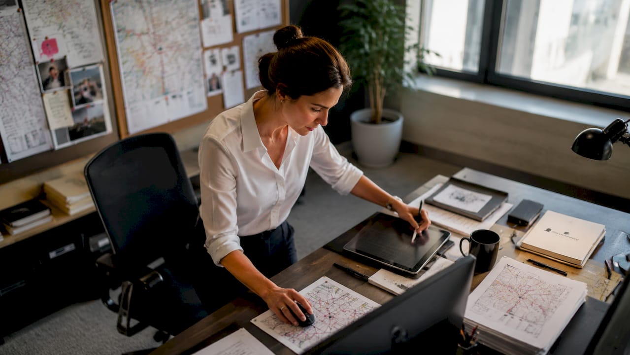 Crime analyst reviewing crime hotspot maps at desk
