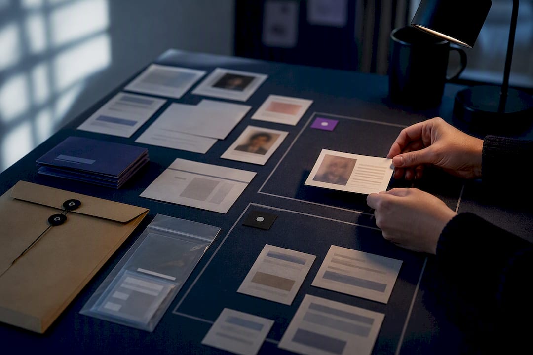 Organized cold-case evidence board with status cards