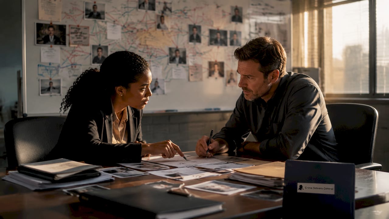 Two detectives examining case files in evidence room