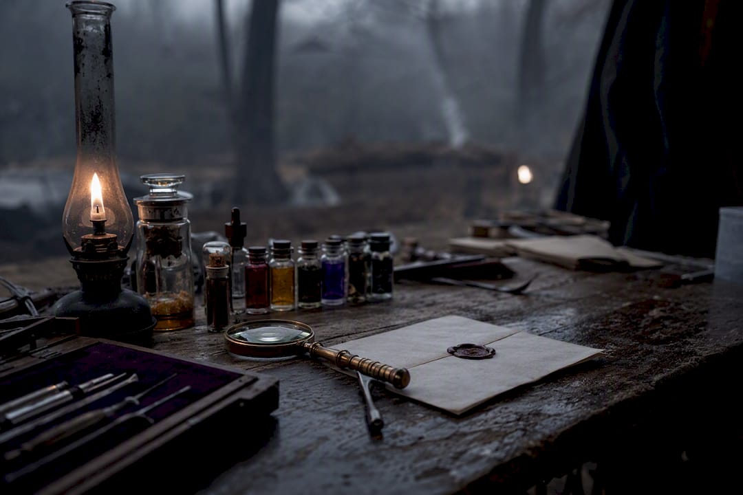 Victorian forensic tools on wooden table
