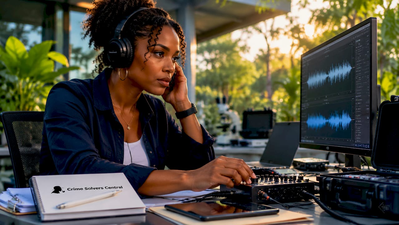Forensic audio analyst reviewing sound waveforms
