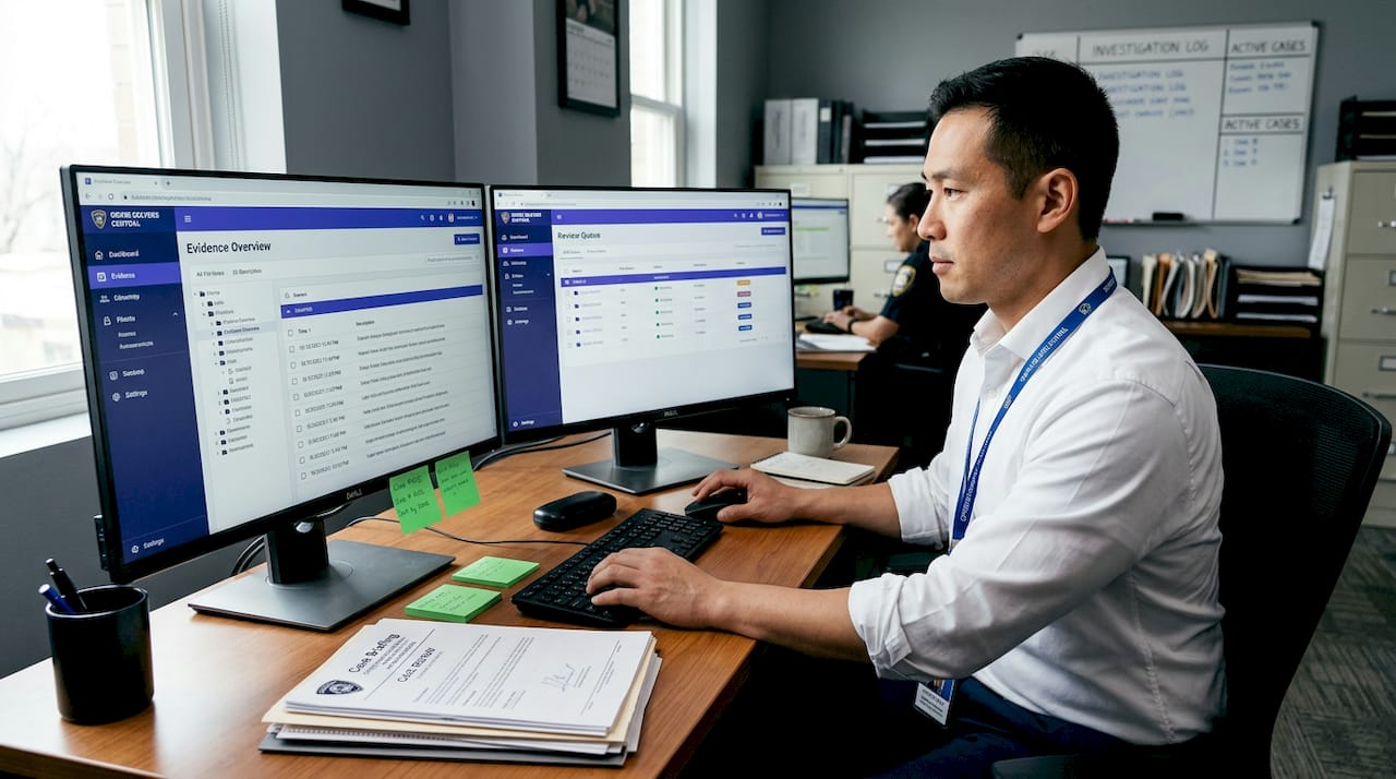 Officer managing homicide evidence digitally