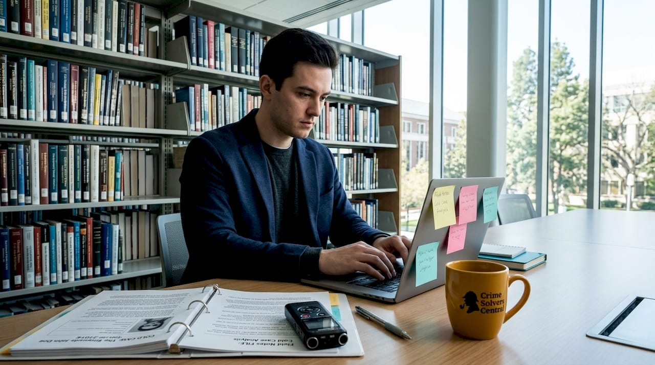 Student working on criminology thesis at home desk