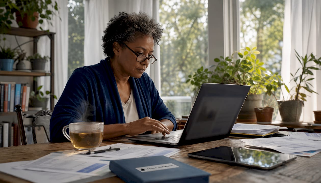 Woman searching NamUs database at home