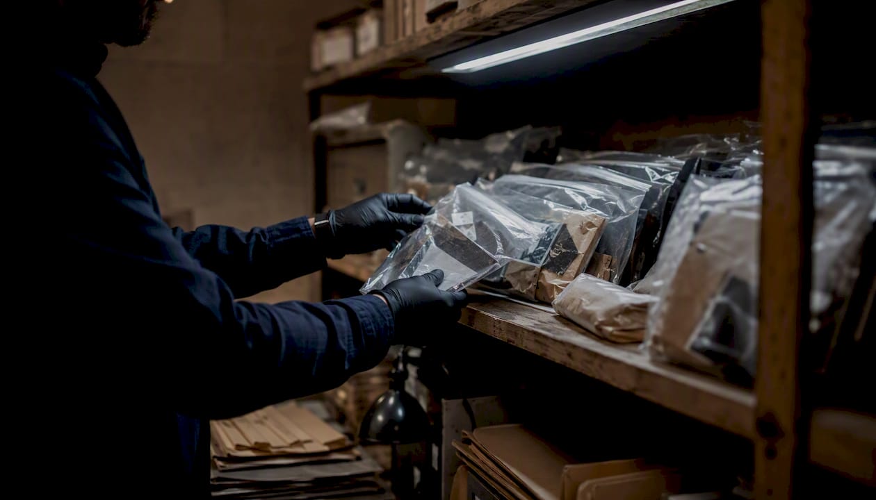 Hands placing sealed evidence bag on shelf