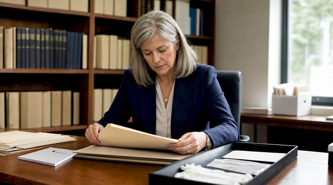 Coroner reviewing unidentified case files in office