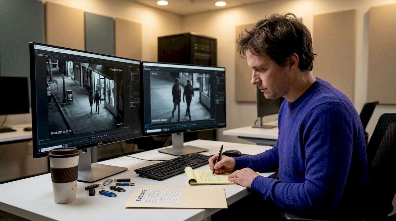 Technician reviewing video forensics evidence on monitors