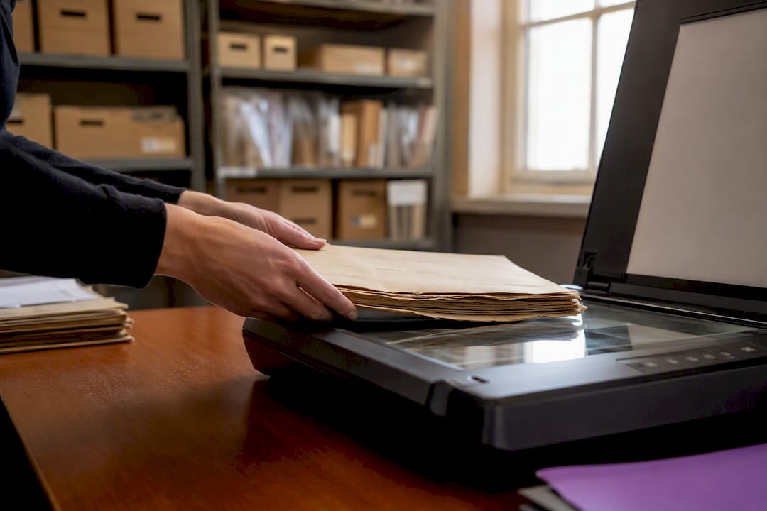 Hands scanning old case file in forensic lab