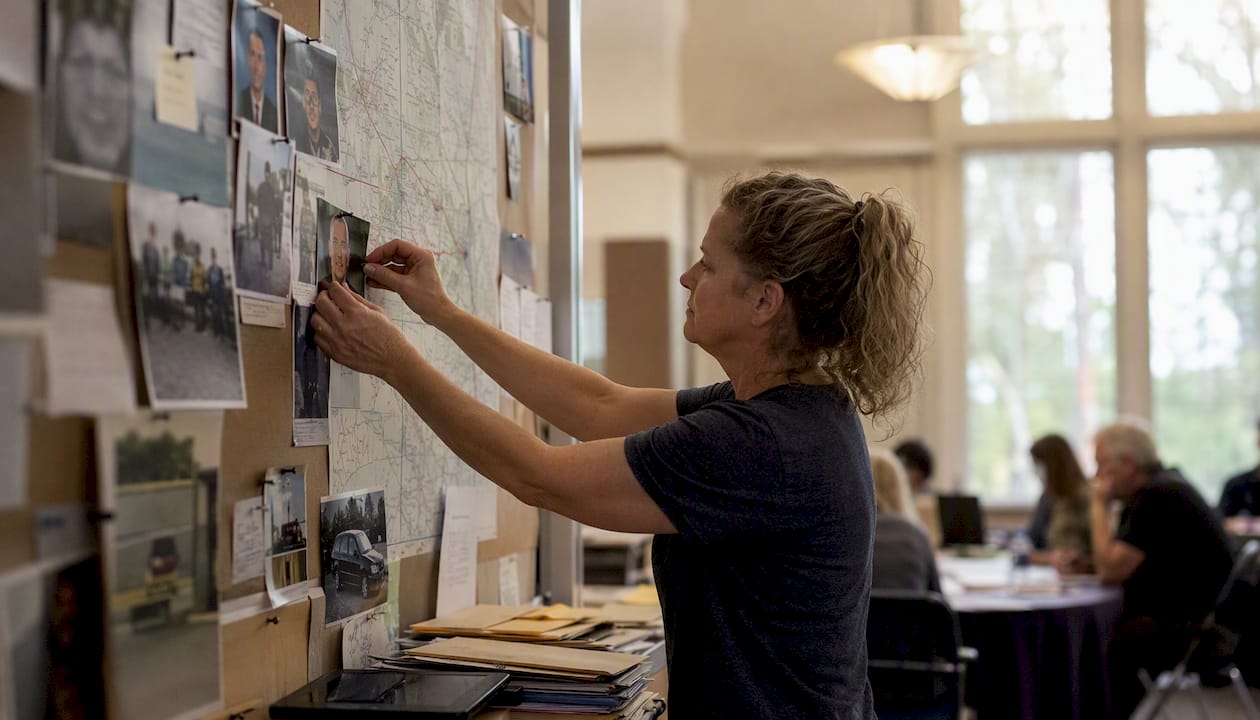 Detective pinning photo on evidence board