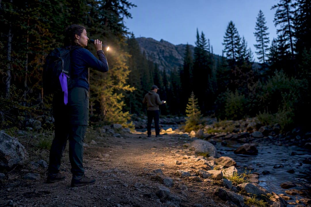 Search team scanning a remote forest trailhead