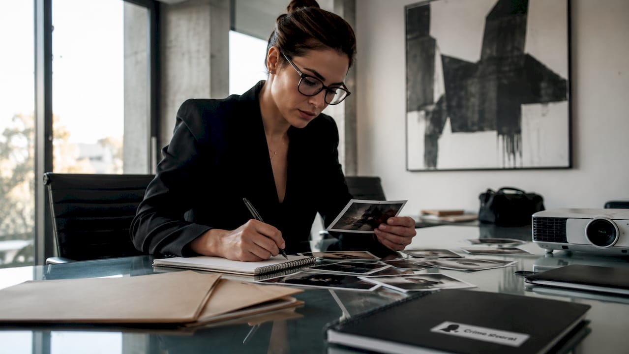 Behavioral analyst reviewing crime scene photos