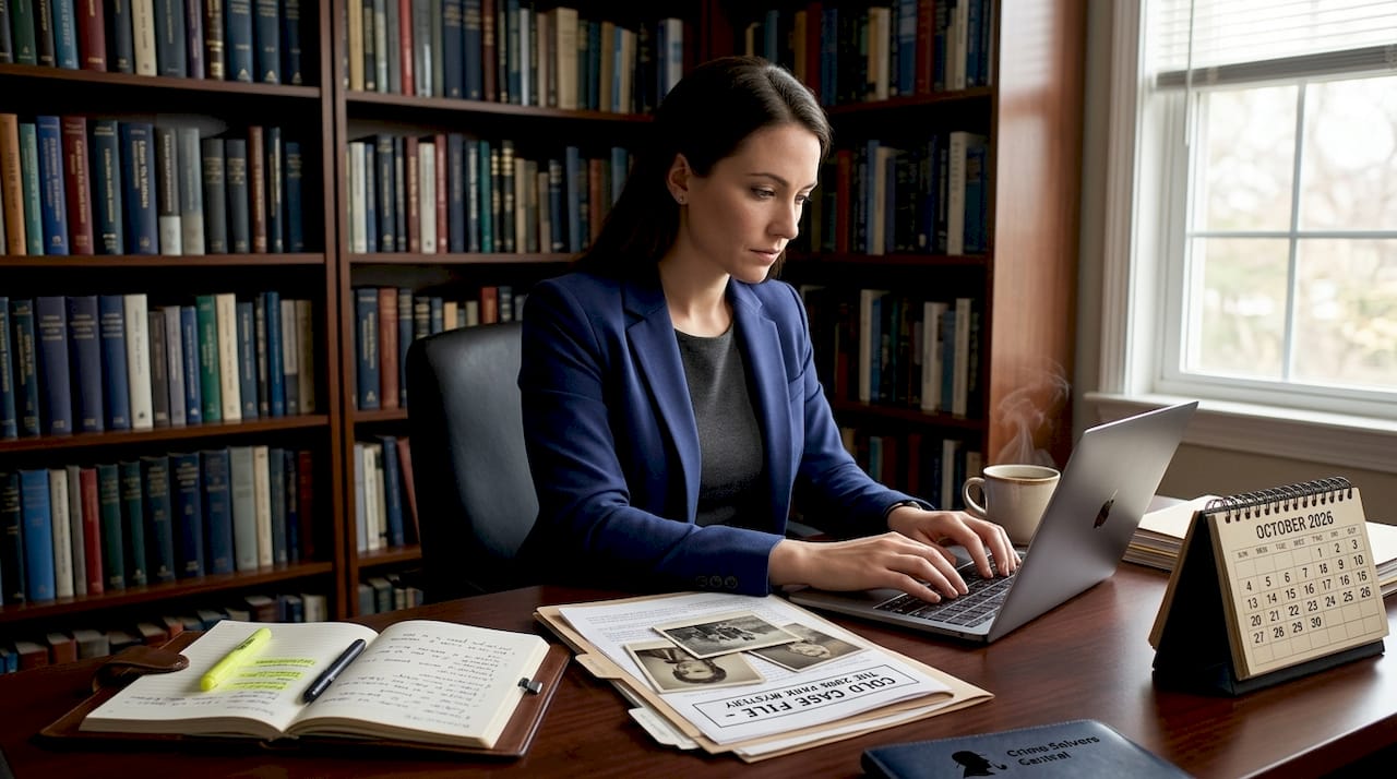 Female researcher reviewing cold case file in office