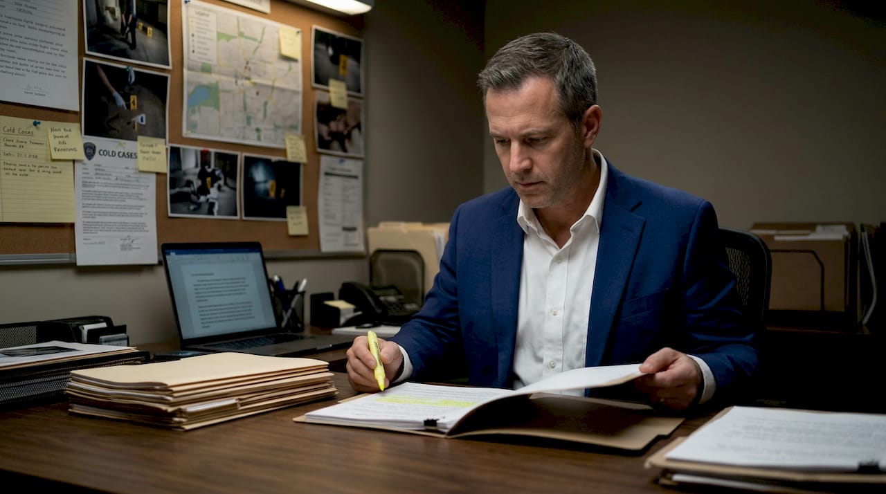 Forensic investigator analyzing unidentified case files