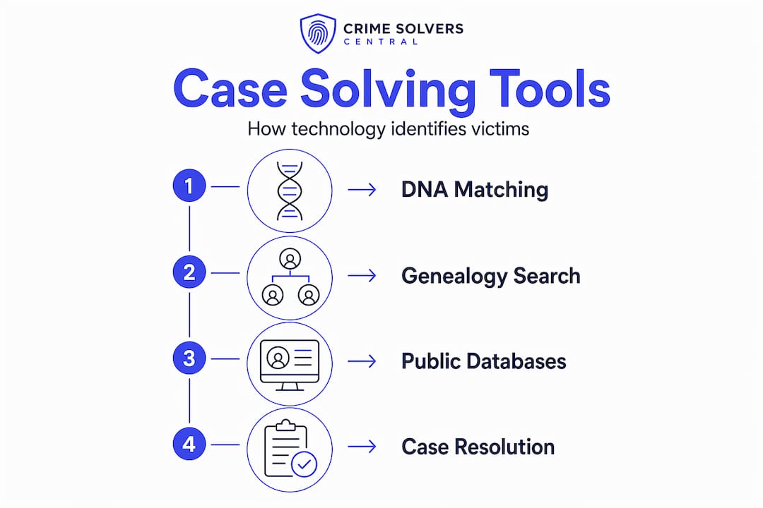 Infographic showing technology steps for identifying victims
